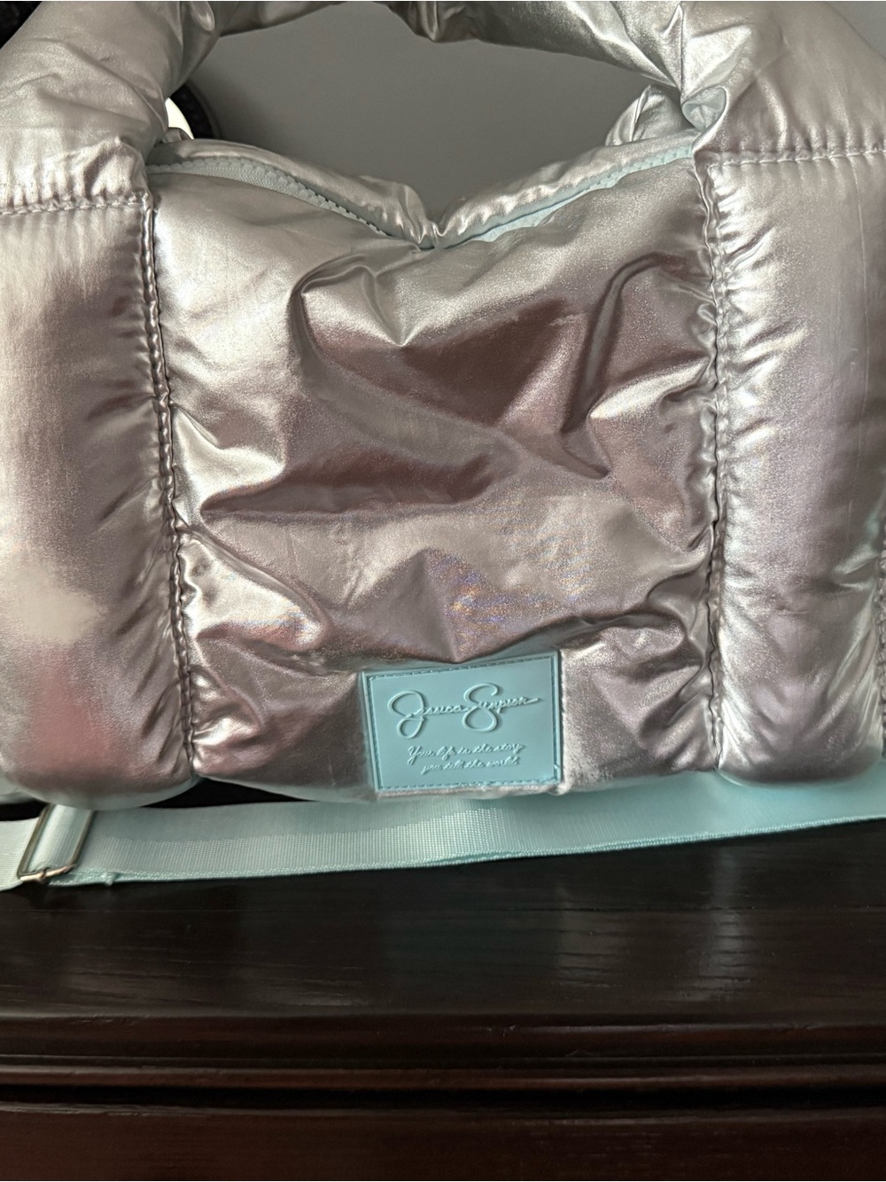 Jessica Simpson Metallic Pink Puffer Crossbody with Light Blue Strap